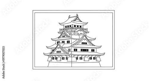 Traditional Japanese Castle Line Art Illustration - Ancient Architecture