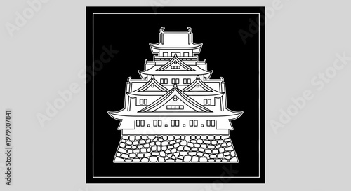Traditional Japanese Castle Illustration - Black and White Line Art