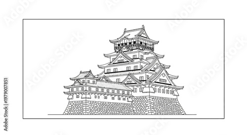 Traditional Japanese Castle Outline Drawing - Historic Architecture