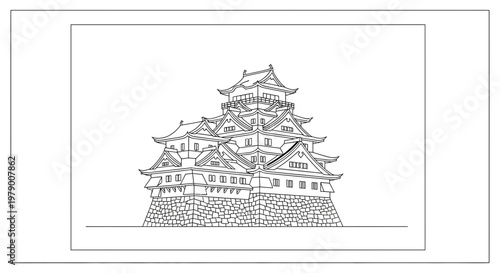 Traditional Japanese Castle Outline Drawing - Historic Architecture