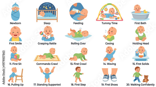 Baby Milestones Chart: Newborn to Walking, Flat Design Vector Illustration
