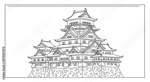 Traditional Japanese Castle Outline Drawing, Ancient Architecture, Historical Landmark