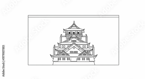 Traditional Japanese Castle Outline Drawing, Architectural Landmark, Historical Building