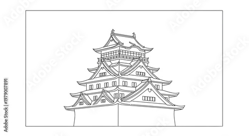 Traditional Japanese Castle Outline Drawing, Architectural Landmark, Historical Building