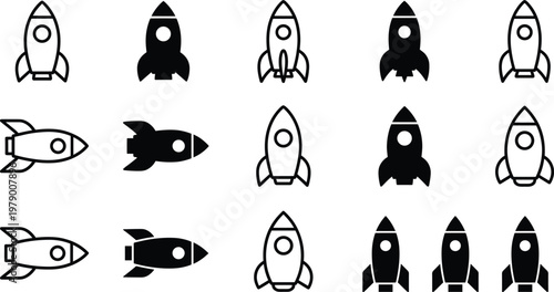 Rocket Icons Set in Various Styles, Launch, Space Exploration, and Innovation Symbols