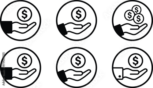 Circular Hand Icons with Dollar Coins, Financial Transaction Symbols for Investment, Earnings, and Wealth