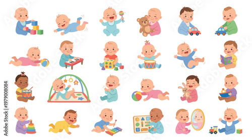 Happy Babies Playing with Toys Flat Illustration for Childhood Development  Playtime