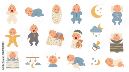 Flat Vector Babies Sleeping Collection: Yawning Infants, Newborns  Sleep Symbols for Baby Care