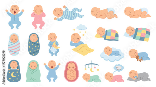 Cute Babies and Newborns Flat Vector Illustration Set. Infant Care and Parenting Collection.