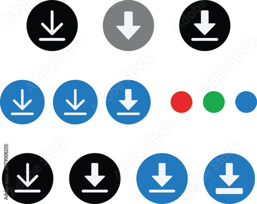Colorful Downward Arrow Icons in Circular Buttons, Download, Navigation, and Directional Symbols