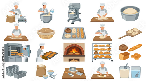 Flat Illustration of Bakers Making Bread and Pastries in Kitchen