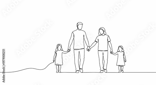 A family of four, parents and two daughters, walking hand in hand in a minimalist continuous line art style, symbolizing family unity, love, and togetherness.