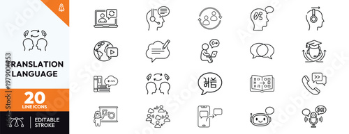 Konstfotografi Set of professional line icons for language translation services global communication interpretation online education and artificial intelligence chat bots for business and travel apps