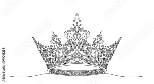 Graceful continuous line drawing of an ornate crown featuring intricate filigree, suitable for celebratory and elegant design projects.
