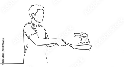 Dynamic continuous line art showing a chef expertly flipping a delicious steak in a hot pan. Ideal for food blogs, cooking guides, restaurant menus, or healthy lifestyle content.