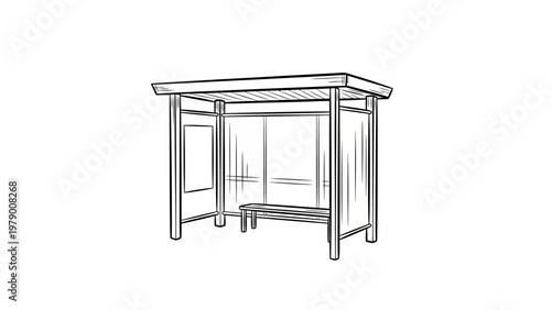 Line drawing of a bus stop shelter with a bench and an advertising panel. Ideal for public transportation concepts, urban planning, and illustrative design projects.