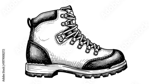 Detailed handdrawn black and white hiking boot for outdoor adventure themes. Perfect for illustrating trekking, camping, and wilderness exploration content.
