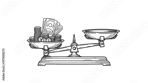 Black and white line drawing of a balance scale with stacked coins and banknotes, symbolizing financial value, cost assessment, economic equilibrium, and wealth management.