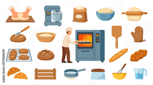 Flat Vector Bakery Icons: Baking Tools, Ingredients, and Fresh Bread Set
