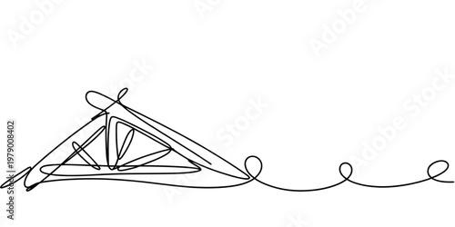 Abstract continuous single line drawing with a complex geometric shape evolving into simple wave loops, perfect for contemporary minimalist design or decorative borders.