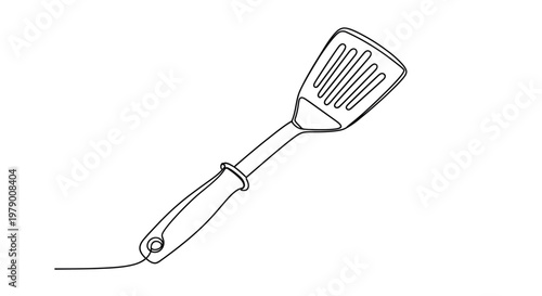 A single line defines a versatile slotted kitchen spatula, ideal for culinary blogs, cooking guides, and restaurant branding.
