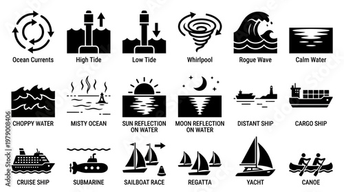 Vector glyph icons representing key marine and ocean elements including currents, tides, waves, water reflections, various ships, submarines, sailboats, and canoes, useful for maritime and