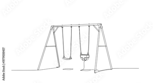 Minimalist single line artwork depicting a swing set, ideal for childrens play area themes, outdoor park concepts, or childhood memory projects.