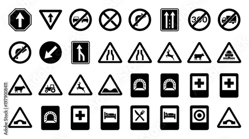 Set of essential road signs for traffic regulation, safety warnings, and facility information, useful for transportation projects and driving education.