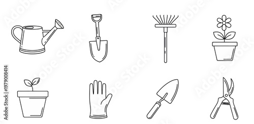 Collection of simple black and white line icons featuring gardening tools and plants, ideal for web, print, and educational materials.