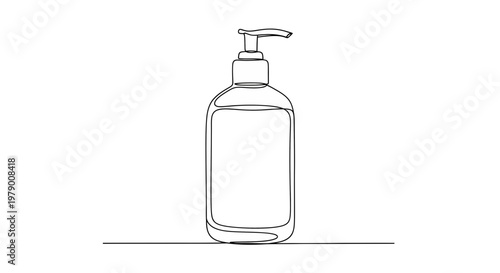 Minimalist one line drawing depicting a dispenser pump bottle, perfect for health, sanitation, and personal care product branding.