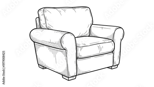 Handdrawn sketch of a traditional upholstered armchair, perfect for home decor, furniture catalogs, or illustrating comfortable living spaces.