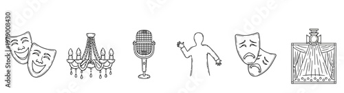Linear icons for theatre and entertainment, showing masks, chandelier, microphone, person, stage. Ideal for event marketing and creative projects.