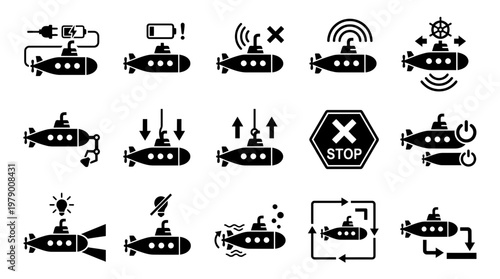 Collection of submarine icons depicting essential operations and states including charging, communication, movement, and research, suitable for marine engineering and naval applications.