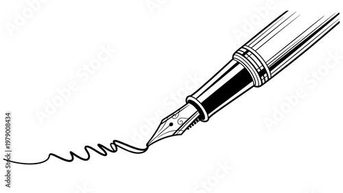 Classic fountain pen drawing an expressive ink line, perfect for stationery, legal documents, education, or journaling applications.