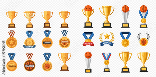 Collection of golden trophies and medals for sports achievements and championship awards.