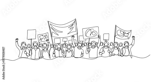Continuous line drawing of a protesting crowd. Activists hold signs, flags, and raise fists, symbolizing solidarity and collective action for social justice and change.