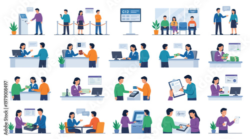 Flat Style Vector Icons: Banking Transactions  Customer Service Scenes