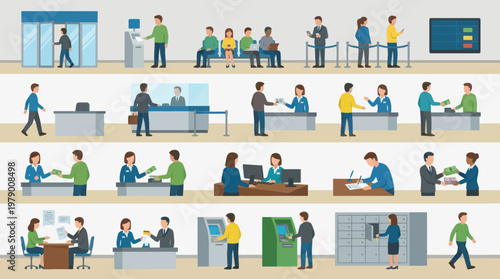 Flat Vector Illustration of Banking Operations: Bank Customers, Staff, ATM, Safety Deposit Boxes