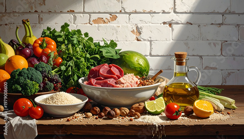 A vibrant still life composition showcases a diverse array of fresh produce, raw meat, grains, nuts, and olive oil arranged on a rustic wooden table against a textured brick wall.