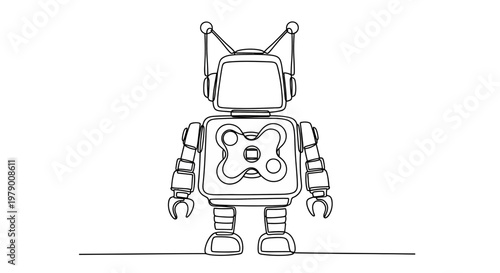 Minimalist single continuous line drawing of a futuristic robot, symbolizing artificial intelligence, technology, and automation for various digital applications and educational themes.