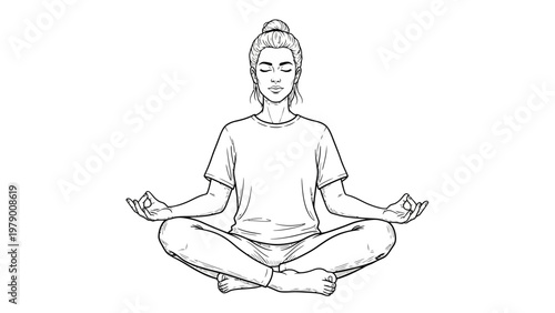 Line art of a woman practicing meditation, fostering inner calm and wellbeing, suitable for various health and relaxation concepts.