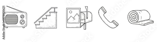 Hand drawn icons of everyday household objects vintage radio, stairs, framed landscape, mailbox, telephone, and rolled blanket, ideal for domestic scenes and home design projects.