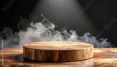 A circular wooden pedestal sits on a rustic wooden surface, illuminated by a spotlight and surrounded by swirling smoke, creating a dramatic and artistic presentation setup.