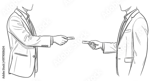 Two professional individuals in suits are shown exchanging business cards, symbolizing networking, communication, and professional introduction within a business context.