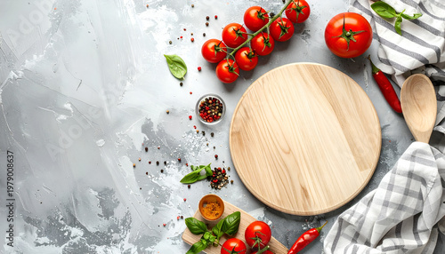 A culinary still life showcases fresh ingredients arranged on a textured gray surface.