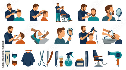 Barbershop Services and Men's Grooming Flat Design Vector Icons Set
