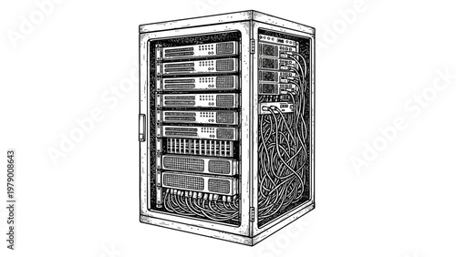 Detailed line drawing of a server rack with network hardware and extensive cabling, perfect for showcasing data center infrastructure, connectivity, and complex IT systems.