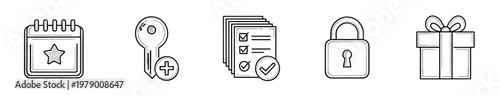 Handdrawn doodle icons calendar, key, checklist, padlock, gift. Perfect for web, app, and digital graphic projects, offering a casual and approachable visual style.