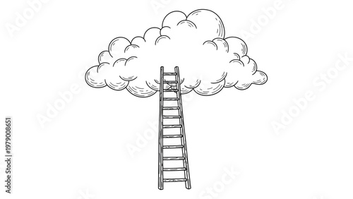 Handdrawn outline sketch of a ladder reaching into a fluffy cloud, symbolizing ambition, progress, and the pursuit of dreams and success in business and life.