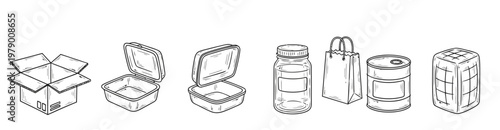 A set of hand drawn packaging items including open cardboard boxes, plastic food containers, glass jar, paper bag, metal can, and a wrapped package, useful for various business and delivery needs.